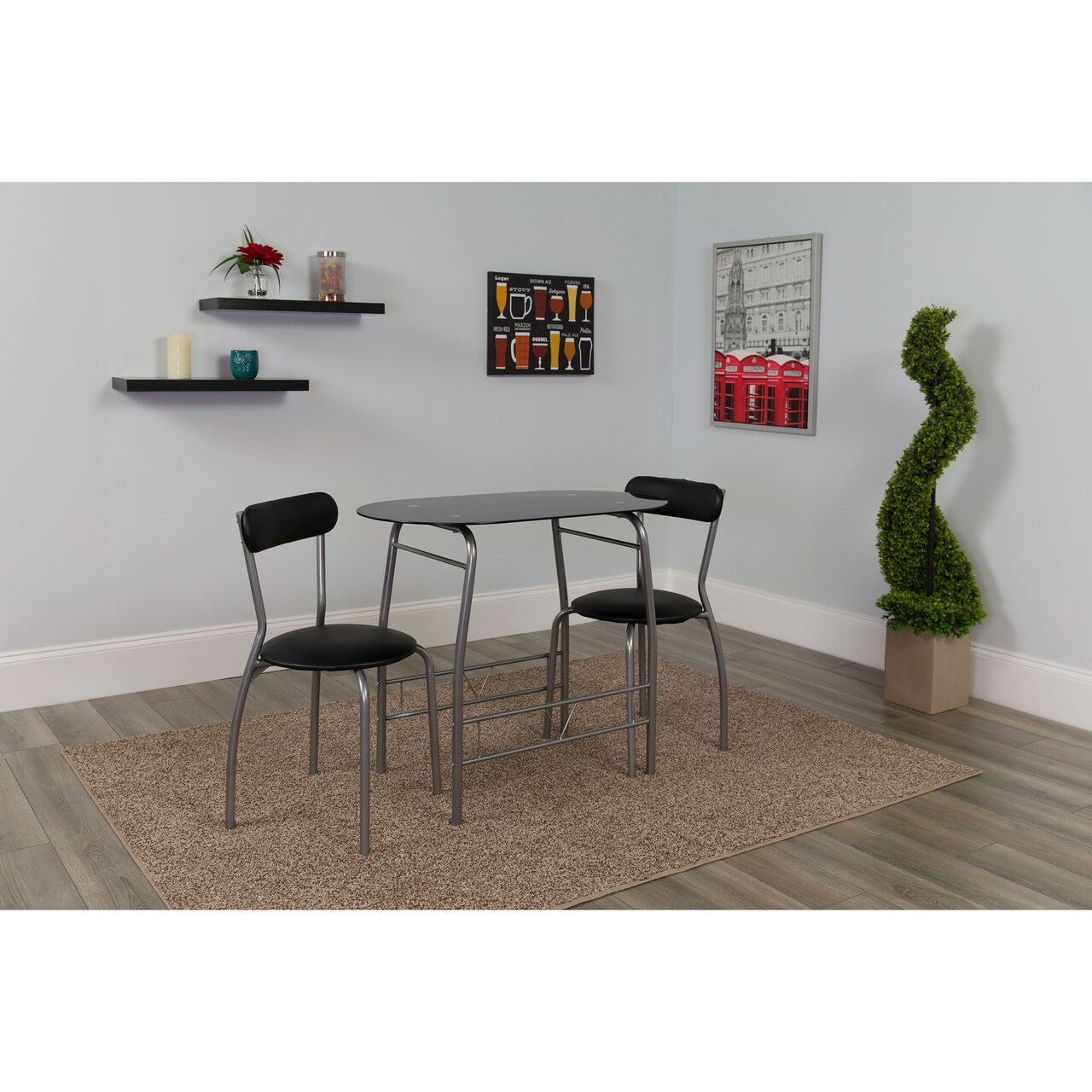 Emma and Oliver 3 Piece Space-Saver Glass Bistro Set with Vinyl Padded Chairs
